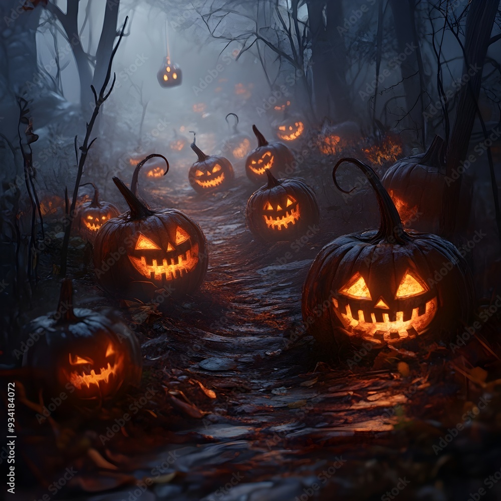 Haunting Procession of Ethereal Jack o Lanterns Adorned with Arcane Symbols and Emanating Eerie Haunting Procession of Ethereal Jack o Lanterns Adorned with Arcane Symbols and Emanating Eerie