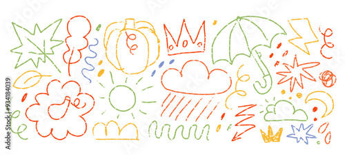 Funny autumn season doodle drawings set. Pencil textured Hand drawn tree leave shapes, pumpkins, umbrella, clouds on isolated background for kid education or fall concept. Vector isolated elements