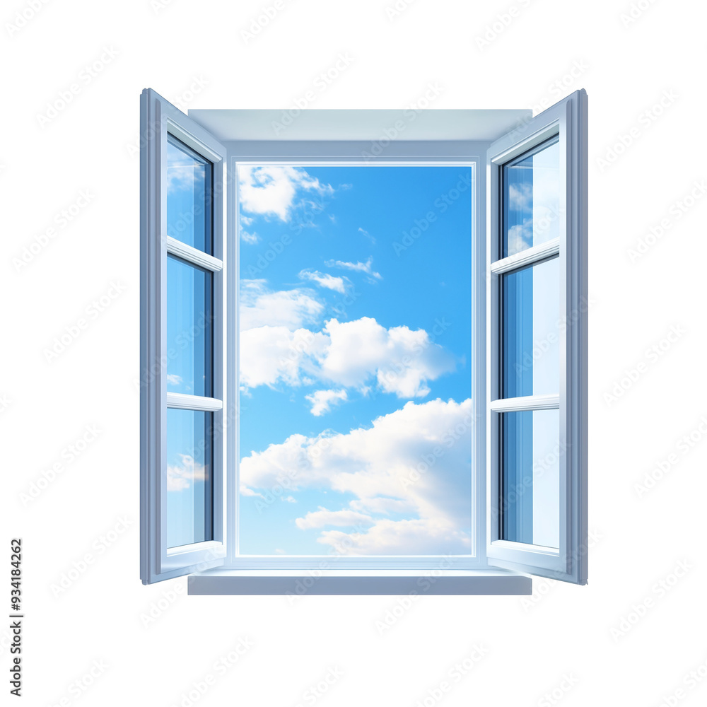 Open pvc window with sky and clouds. Open pvc window with sky and clouds.