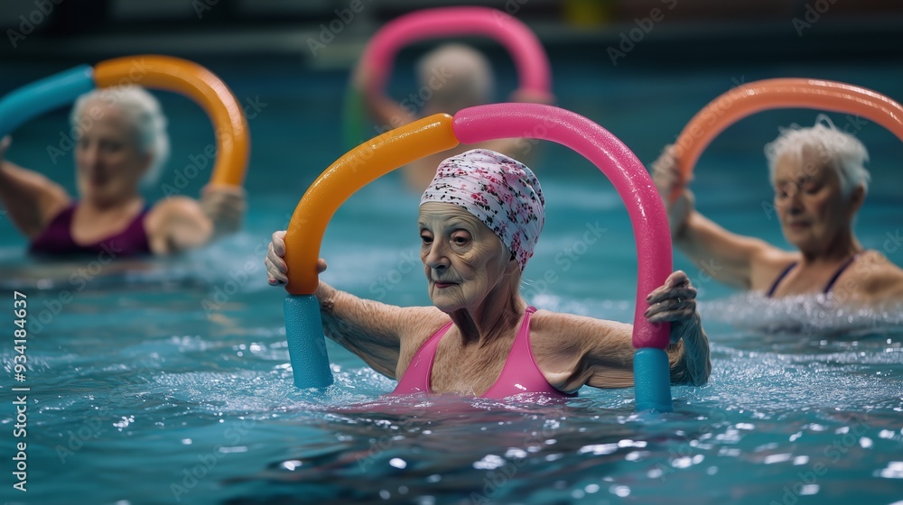 Fototapeta premium Senior women practice water aerobics in a community pool during an afternoon class