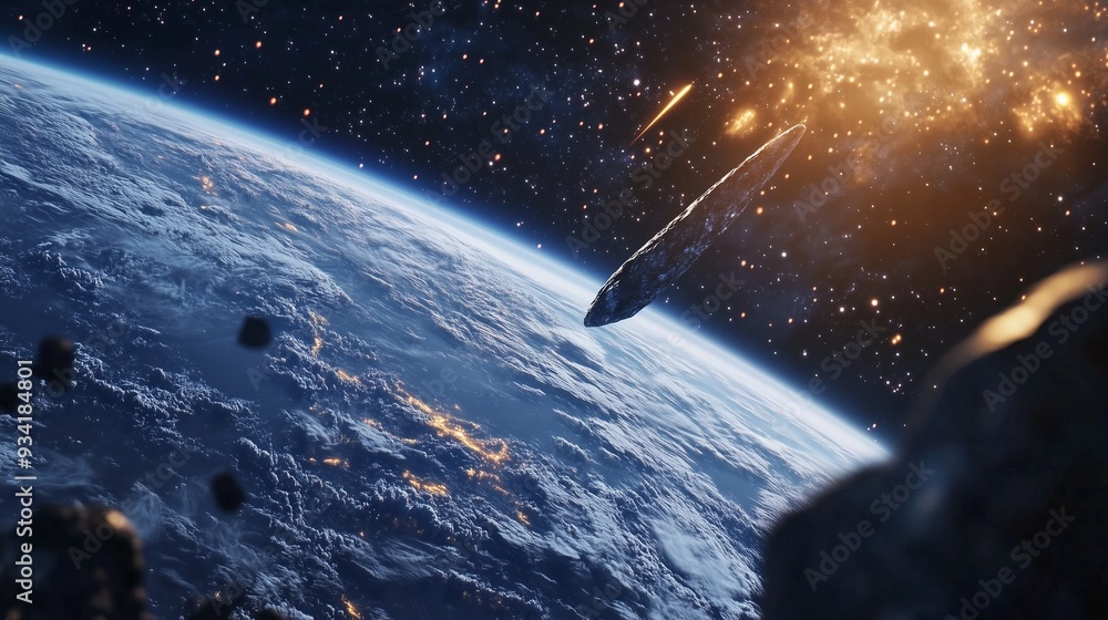 A burning meteorite flies towards the earth. A burning meteorite flies towards the earth.