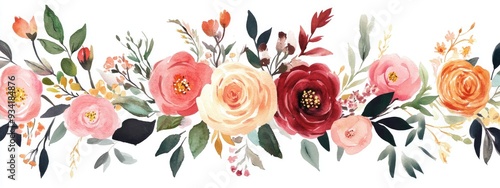 Vibrant watercolor floral designs featuring wreaths bouquets arrangements and compositions including roses with stems and foliage