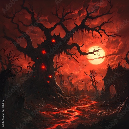 Ominous Demonic Hellscape with Twisted Entities and Glowing Red Eyes in Nightmarish Darkness photo