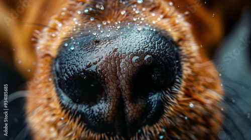 Detailed view of a dog's wet nose, with water droplets clearly visible photo