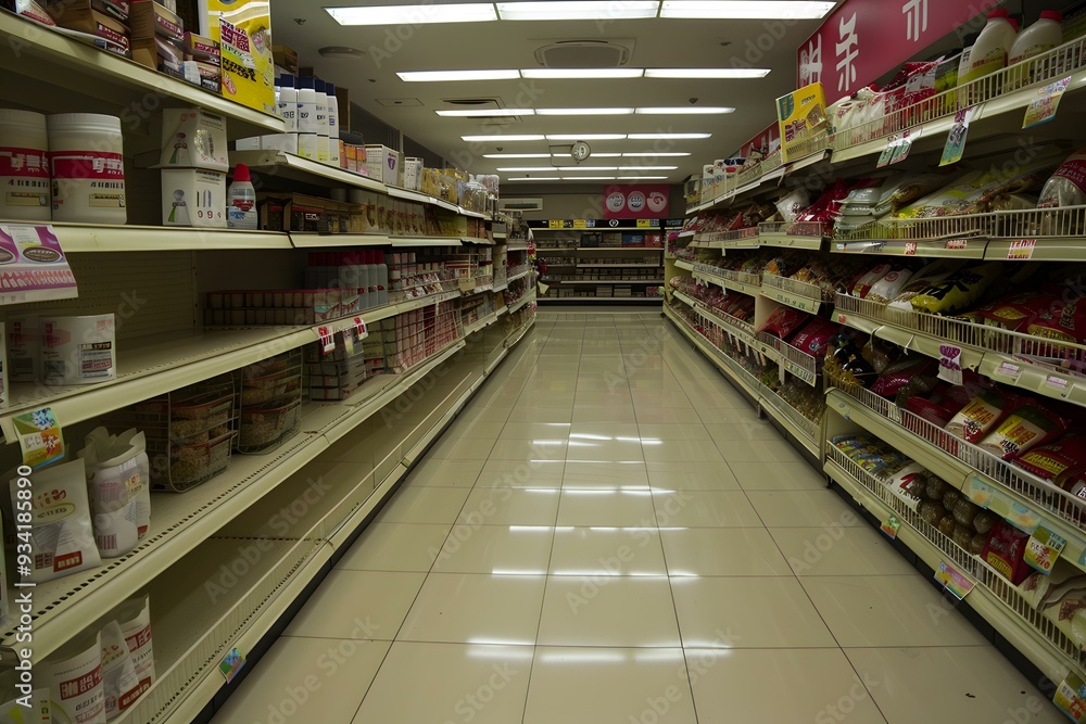 Empty Grocery Store Aisle with Shelves Stocked with Products Empty Grocery Store Aisle with Shelves Stocked with Products