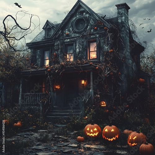 Abandoned House Adorned with Twisted Vines Cracked Pumpkins and Flickering Lights in a photo