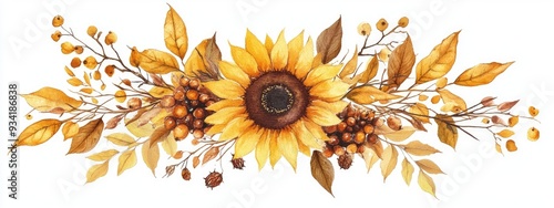 Watercolor autumn sunflower bouquet clipart featuring hand painted yellow leaves dried flowers berries and branches Suitable for wedding invitations sublimation print fabric design and scrapbookin photo