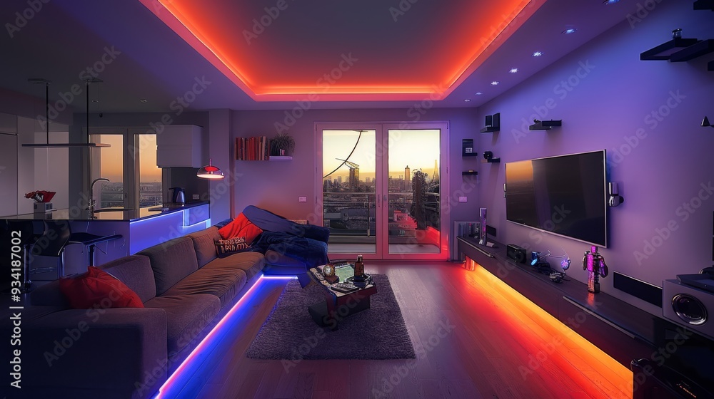 Create a sleek yet cozy living room with a sectional sofa, a wall-mounted TV, and LED strips installed along Create a sleek yet cozy living room with a sectional sofa, a wall-mounted TV, and LED strips installed along