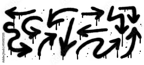 Urban graffiti paint spray emphasis arrows set with splatter and dripping ink drops. Rough tag lines with splash spray. Vector illustration of up and down cursor symbols pointing, dirty grunge icon