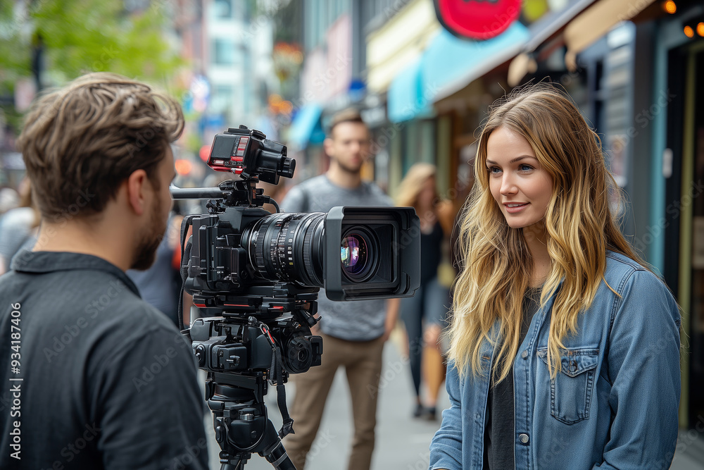 Presenters engage with the camera while filming a lively vlog in a bustling urban market during the late afternoon Presenters engage with the camera while filming a lively vlog in a bustling urban market during the late afternoon