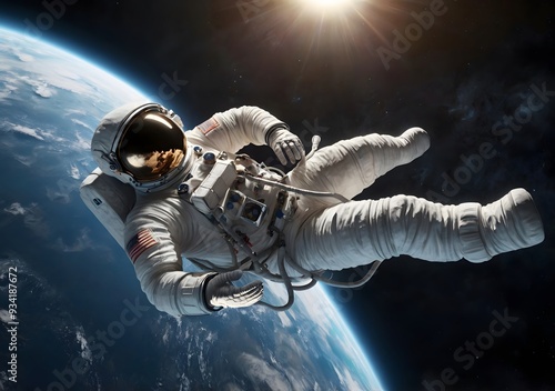 Astronaut flying in a supine position in space. 5K realistic science fiction art. Elements of image provided. photo