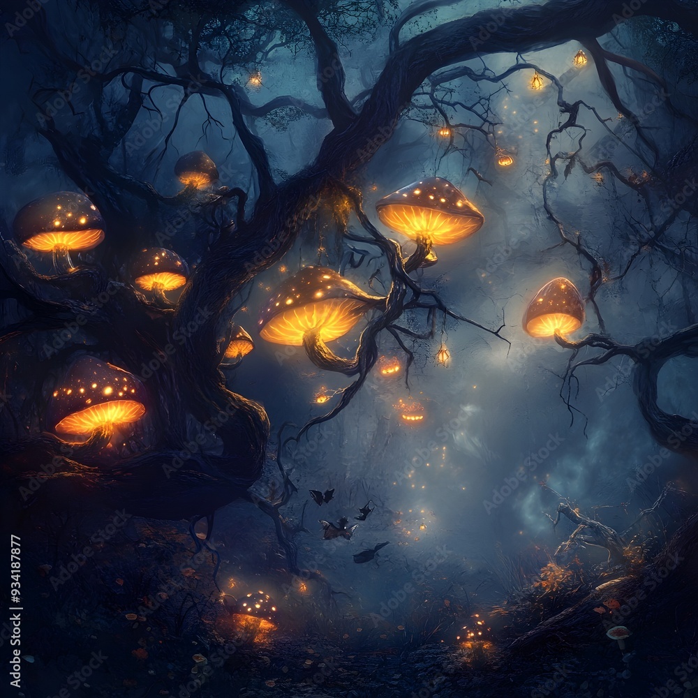 Enchanting and Mystical Halloween Scene in Glowing Enchanted Forest with Twisted Branches and Enchanting and Mystical Halloween Scene in Glowing Enchanted Forest with Twisted Branches and