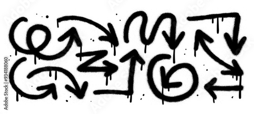 Set of Spray painted urban graffiti Arrows in black over white isolated on white background. Spray paint textured vector illustration