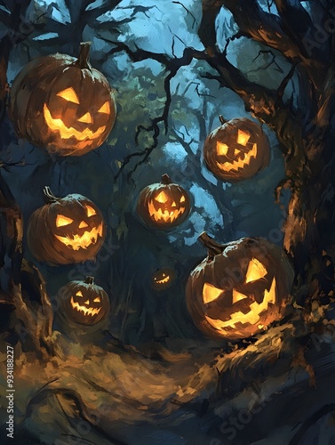 Surreal Halloween Scene with Swirling Carved Jack O Lanterns in Moody Mystical Forest Clearing