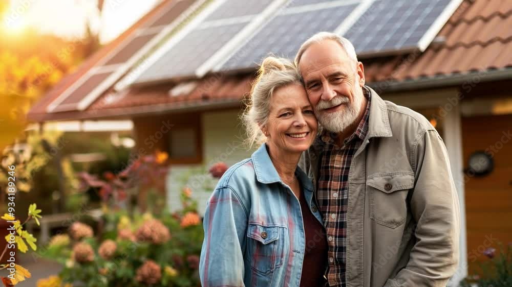 A senior couple stands together, smiling warmly, surrounded by a cozy home with solar panels and autumn foliage during a sunny evening A senior couple stands together, smiling warmly, surrounded by a cozy home with solar panels and autumn foliage during a sunny evening