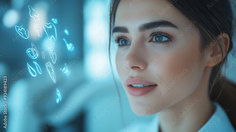 A serene dental clinic where a smiling dentist provides advice to a patient. The softly lit blue background and glowing halo of text around the patient symbolize clarity and comfort A serene dental clinic where a smiling dentist provides advice to a patient. The softly lit blue background and glowing halo of text around the patient symbolize clarity and comfort
