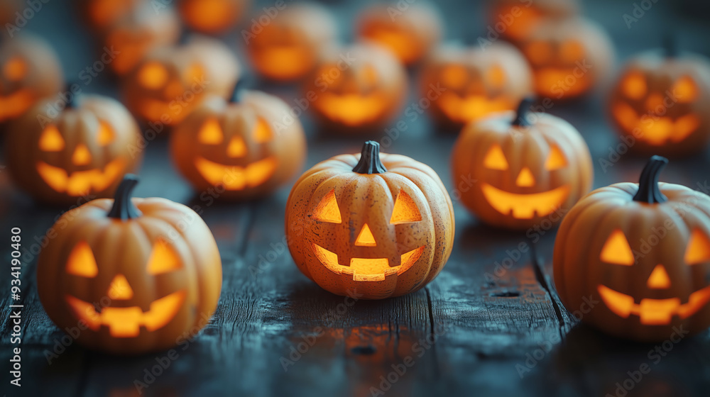 A group of tiny smiling jack-o'-lanterns arranged in a playful pattern on a rustic wooden table A group of tiny smiling jack-o'-lanterns arranged in a playful pattern on a rustic wooden table