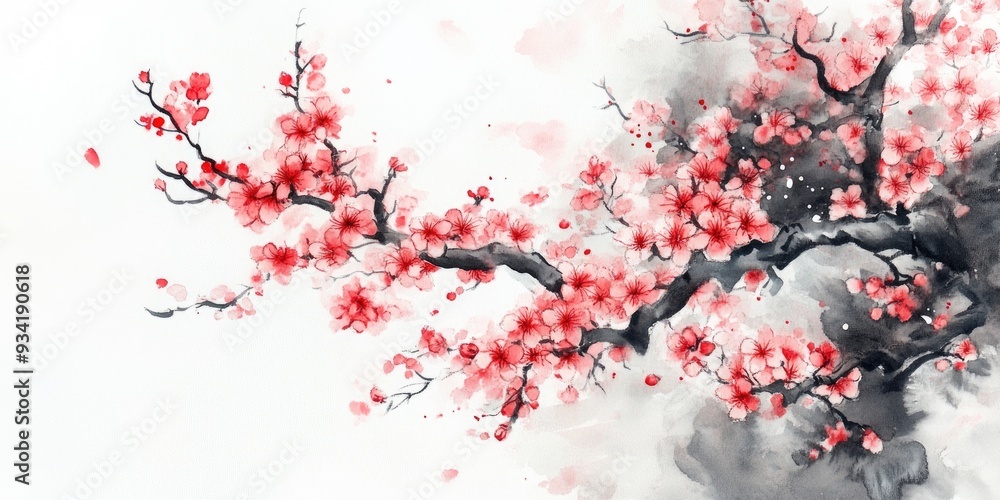 Fototapeta premium Watercolor and ink illustration of a blooming cherry blossom tree featuring pink flowers Traditional eastern painting created in sumi e style using ink and watercolor