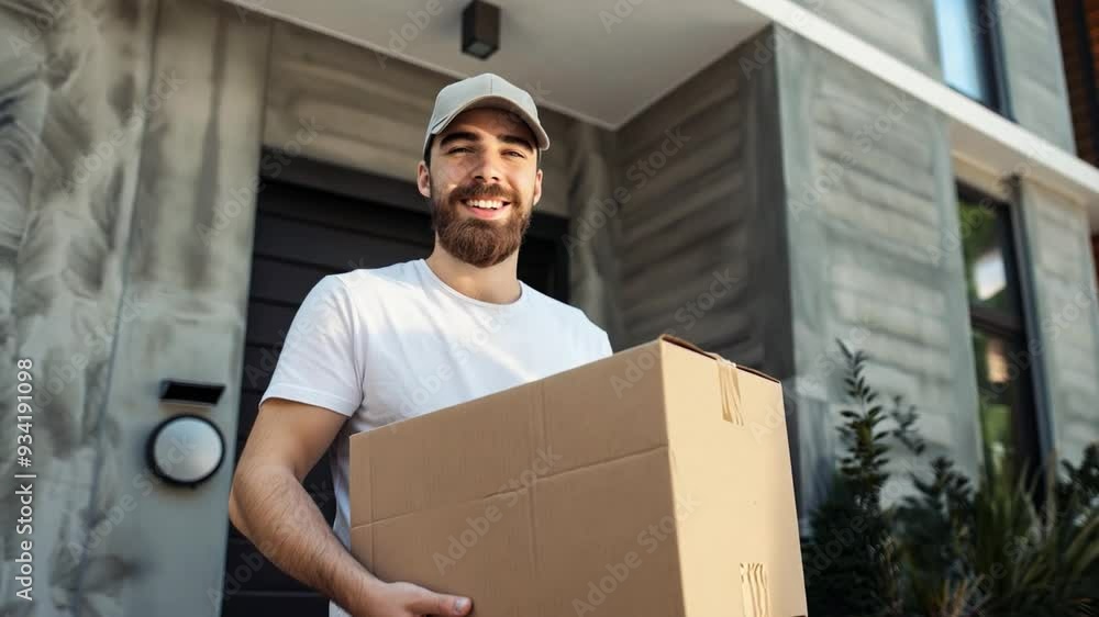 A young man with a beard and cap happily carries a cardboard box while standing in front of a contemporary house A young man with a beard and cap happily carries a cardboard box while standing in front of a contemporary house