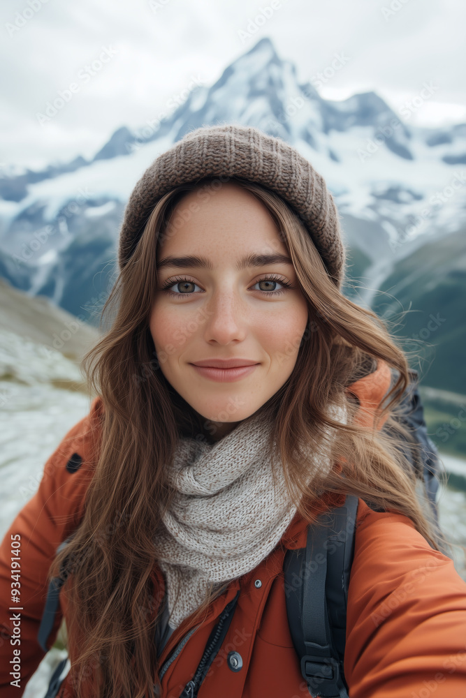 A joyful woman on a video call admiring majestic mountains during her travel adventure A joyful woman on a video call admiring majestic mountains during her travel adventure