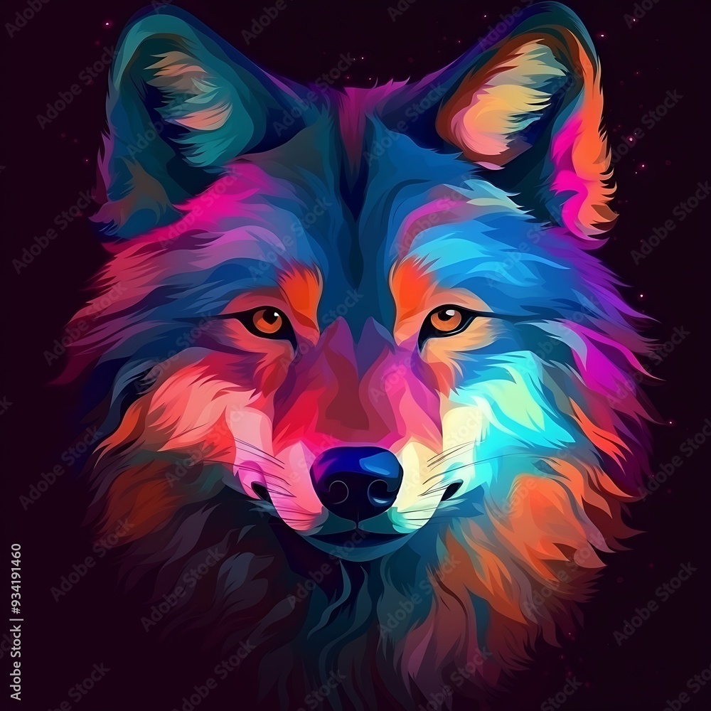 Colorful artistic representation of a wolf's face with vibrant hues and bold features against a dark background Colorful artistic representation of a wolf's face with vibrant hues and bold features against a dark background