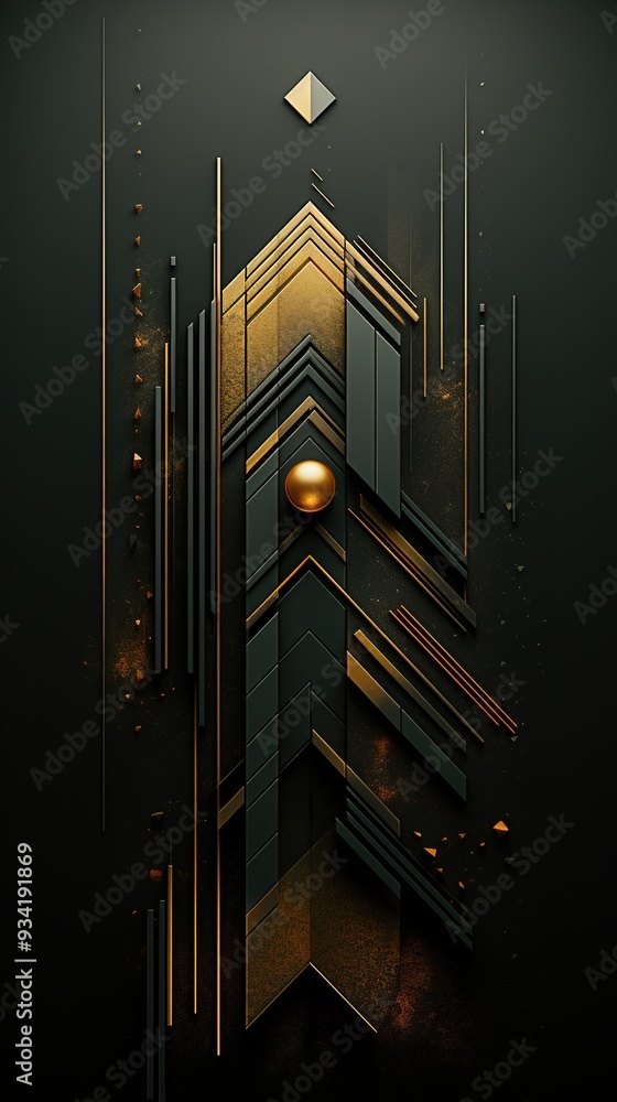 Fototapeta premium Abstract gold and black geometric design with a sphere.