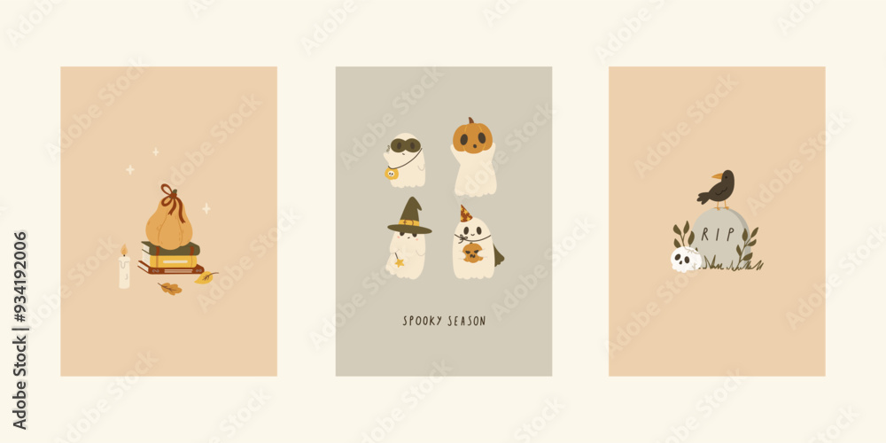 vector halloween card set with pumpkin, ghosts, and raven on tombstone vector halloween card set with pumpkin, ghosts, and raven on tombstone