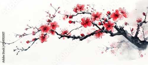 Watercolor and ink illustration of a blossoming cherry tree featuring flowers and buds Traditional oriental painting in sumi e u sin and gohua styles photo