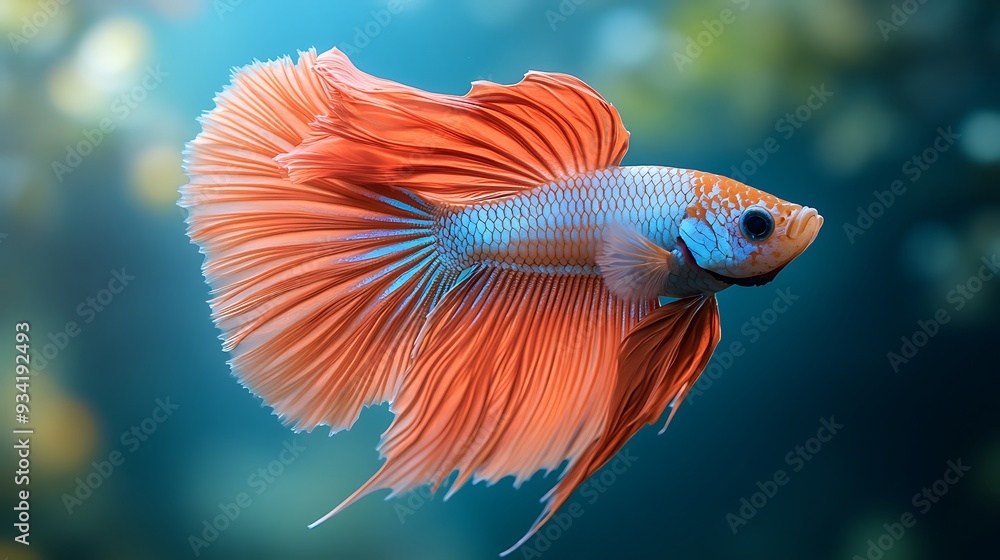 A vibrant orange and blue Siamese fighting fish with flowing fins swims in a clear blue aquarium. A vibrant orange and blue Siamese fighting fish with flowing fins swims in a clear blue aquarium.