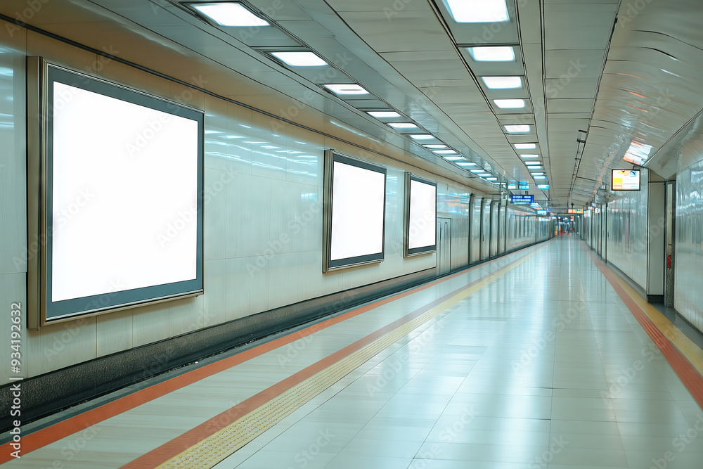 A quiet metro station with illuminated billboards awaiting creative messages in the heart of a bustling city A quiet metro station with illuminated billboards awaiting creative messages in the heart of a bustling city