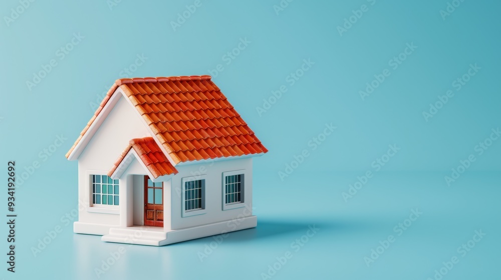 This delightful miniature house has a red tiled roof and green windows, ideal for home concepts and decor This delightful miniature house has a red tiled roof and green windows, ideal for home concepts and decor