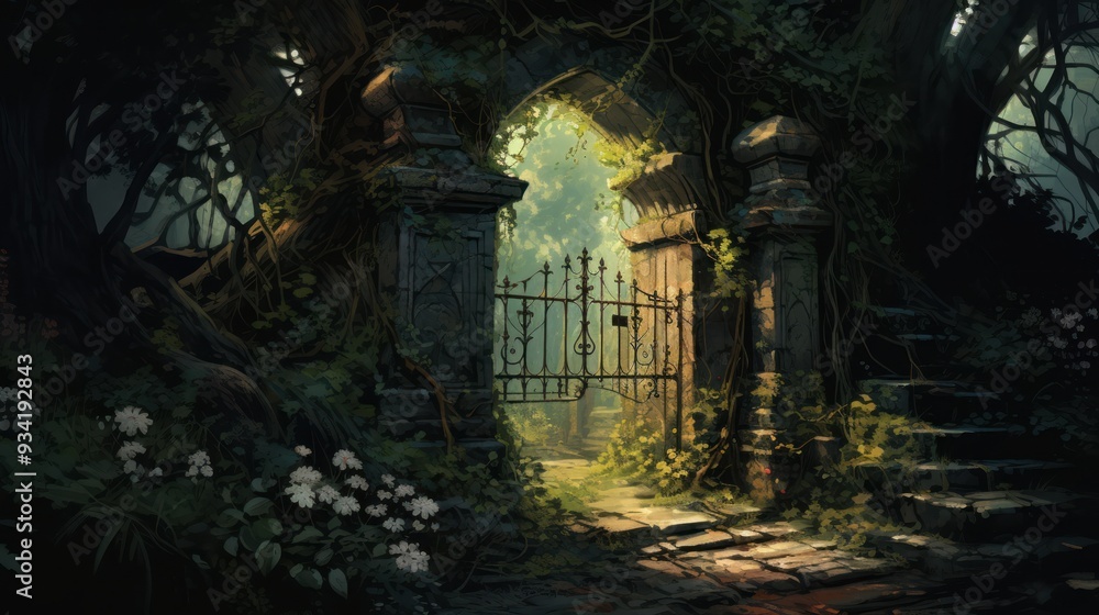 Obraz premium Iron gate, ivy-covered, leading to darkness