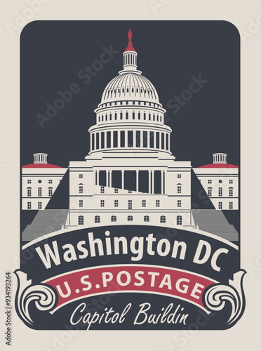 Vector banner with inscriptions and the image of the USA Capitol in Washington DC. Vector illustration Capitol Building in Washington in retro style