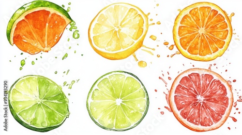 Watercolor collection of fruit illustrations featuring lime lemon grapefruit and orange with hand drawn contour lines splashes and drops photo