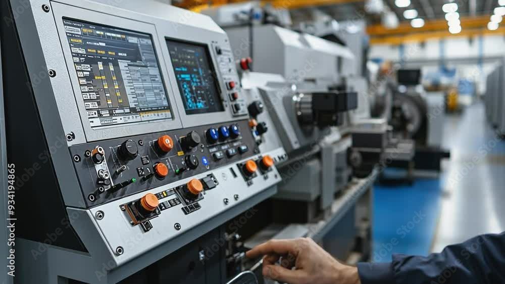 Factory worker programming cnc machine on control panel in metal industry Factory worker programming cnc machine on control panel in metal industry