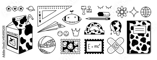 Back to School Y2K vector collection. Vintage 2000s doodle elements for sticker pack. Hand Drawn pencil, eraser, American football, basketball, strawberry milk, ruler, notebook, globe