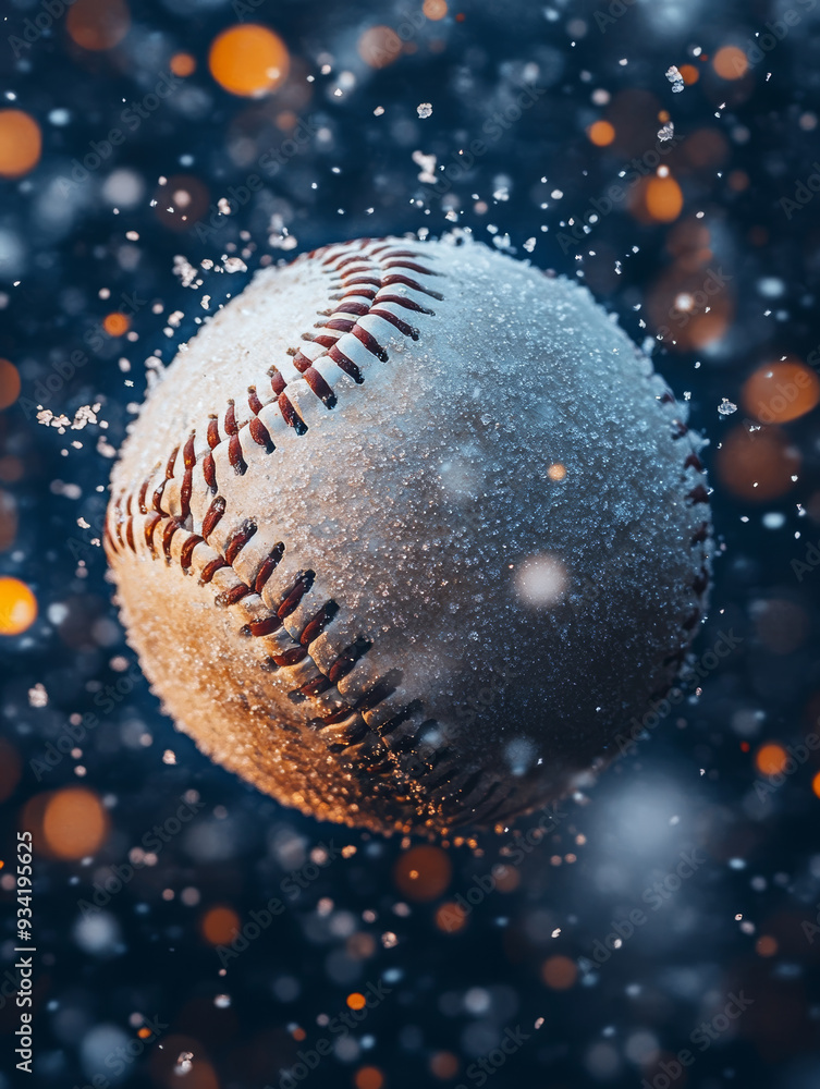 A baseball covered in snow is captured mid air, surrounded by sparkling snowflakes and blurred background of warm lights, evoking sense of winter wonder and nostalgia. A baseball covered in snow is captured mid air, surrounded by sparkling snowflakes and blurred background of warm lights, evoking sense of winter wonder and nostalgia.