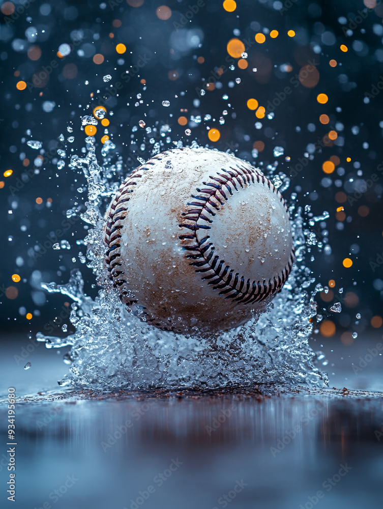 A baseball splashes into water, creating dynamic droplets and sense of motion, evoking excitement and energy. A baseball splashes into water, creating dynamic droplets and sense of motion, evoking excitement and energy.