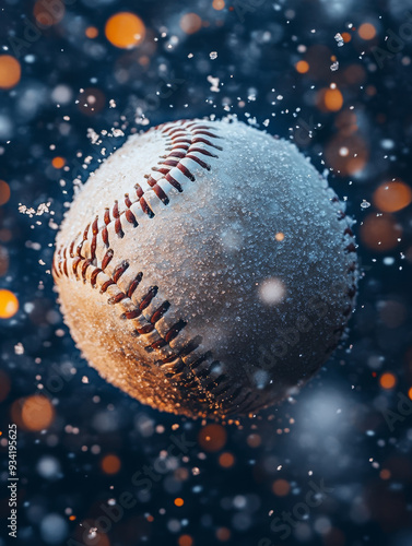 A baseball covered in snow is captured mid air, surrounded by sparkling snowflakes and blurred background of warm lights, evoking sense of winter wonder and nostalgia.