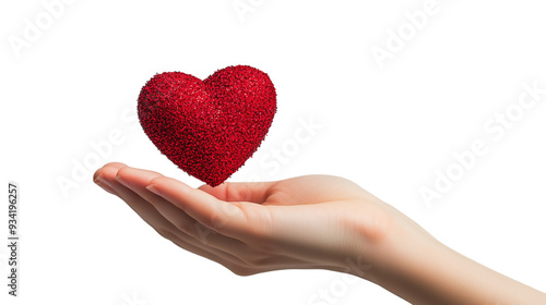 A single hand offering a bright red heart, symbolizing love and affection, isolated on a transparent background