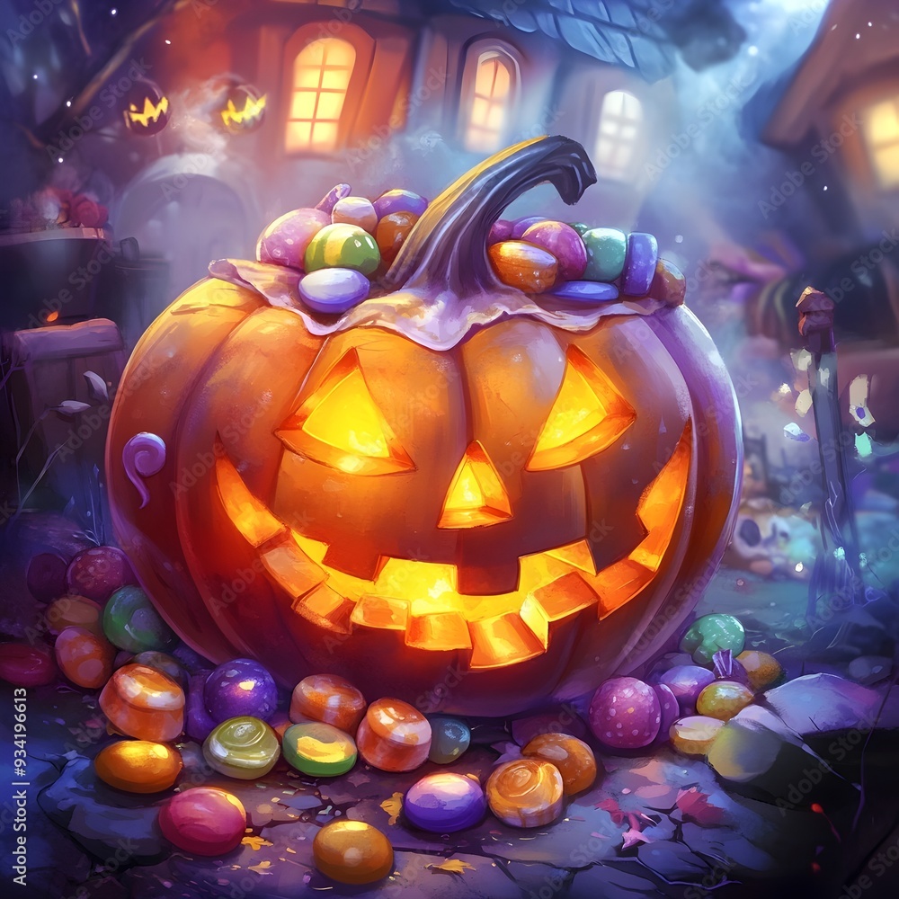 Fototapeta premium Whimsical Pumpkin Harboring Colorful Trick or Treat Candies in Charming Cartoon Style