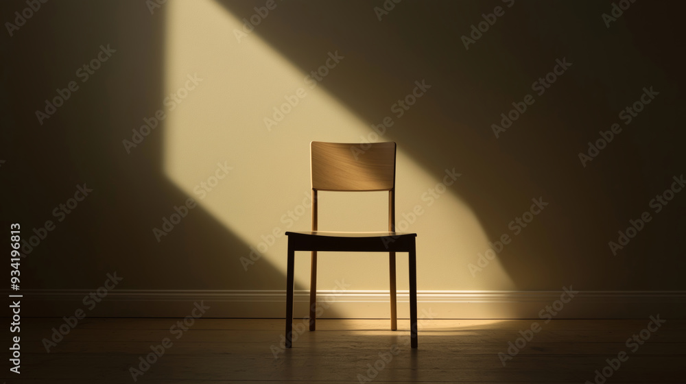 A solitary empty chair with a spotlight focused on it highlighting the absence of a person A solitary empty chair with a spotlight focused on it highlighting the absence of a person