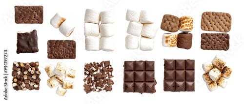 Set of isolated marshmallows, s'mores, toasted treats, cookies, waffles and chocolates on transparent background. cut flower elements, garden themed designs. Top view high quality PNG.
