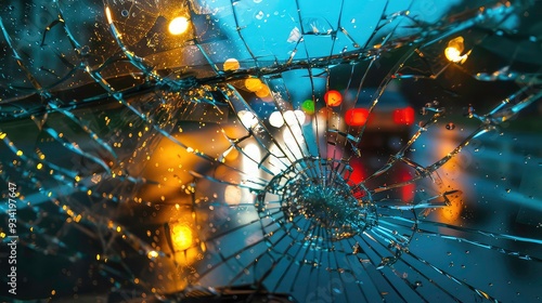 A cracked car windshield with a blurry city lights background at night. photo