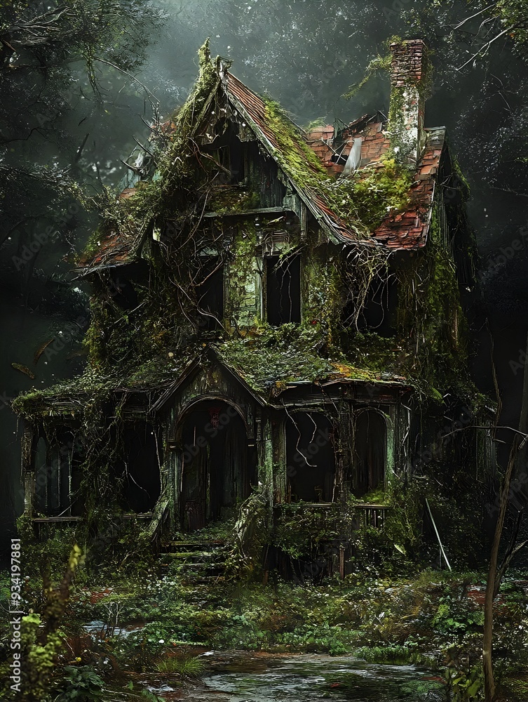 Decrepit Abandoned Halloween Haunted House Nestled in Primeval Woodland with Moody Mystic Atmosphere Decrepit Abandoned Halloween Haunted House Nestled in Primeval Woodland with Moody Mystic Atmosphere