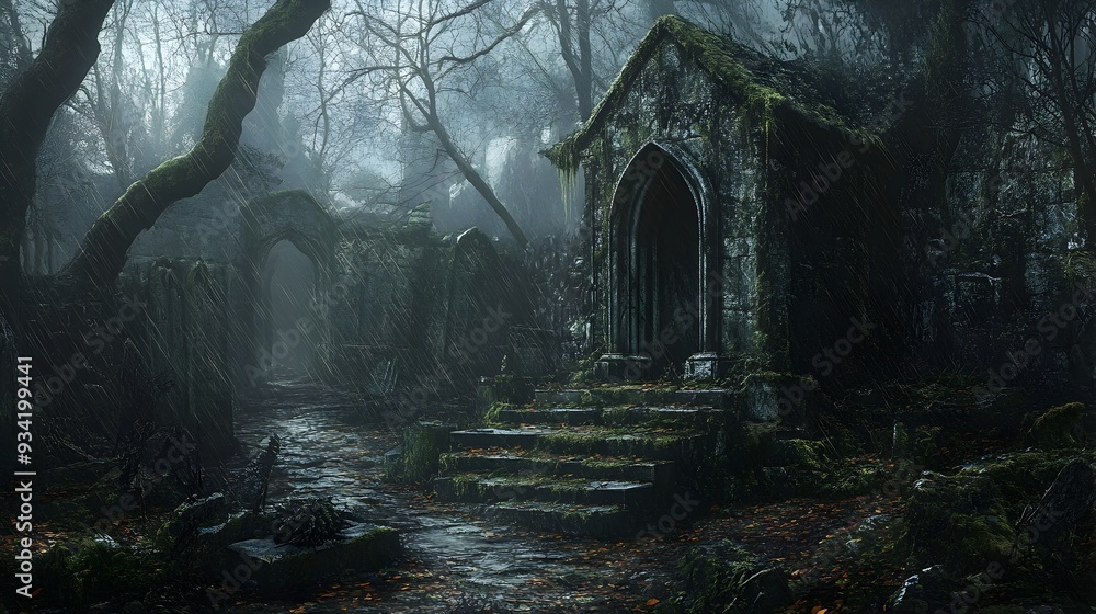 Haunting Halloween landscape with secluded moss covered tomb in dimly lit forest with sinister Haunting Halloween landscape with secluded moss covered tomb in dimly lit forest with sinister