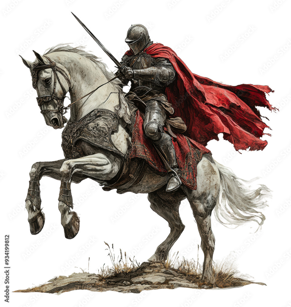 PNG Knight in armor riding a horse with a red cape PNG Knight in armor riding a horse with a red cape