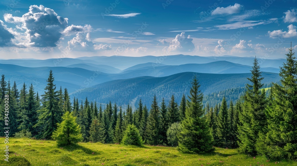 Magnificent panoramic view the coniferous forest on the mighty Carpathians Mountains and beautiful blue sky background. Beauty of wild virgin Ukrainian nature. Peacefulness , ai