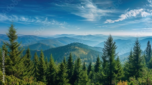 Magnificent panoramic view the coniferous forest on the mighty Carpathians Mountains and beautiful blue sky background. Beauty of wild virgin Ukrainian nature. Peacefulness , ai