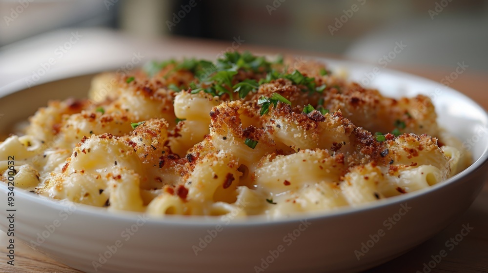 Showcase the indulgent richness of a plate of creamy macaroni and cheese, featuring gooey cheese sauce and crunchy breadcrumbs. Showcase the indulgent richness of a plate of creamy macaroni and cheese, featuring gooey cheese sauce and crunchy breadcrumbs.